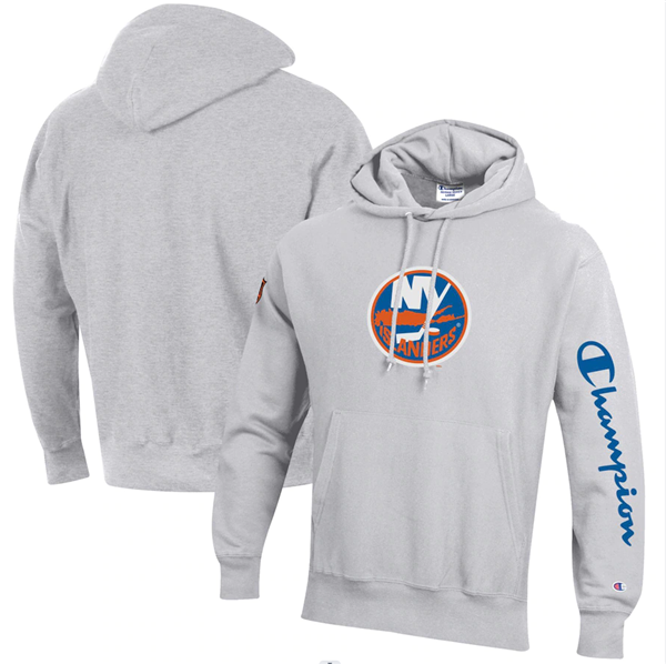 Men's New York Islanders Champion Heathered Gray Reverse Weave Pullover Hoodie